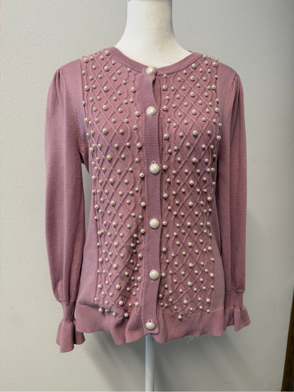 Love Ever After Mauve Pearl Embellished Ruffle Cardigan Size S Cottagecore Coque